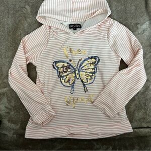 Girls First | Shirt | 8 | White and Pink stripe with sequin butterfly, hood